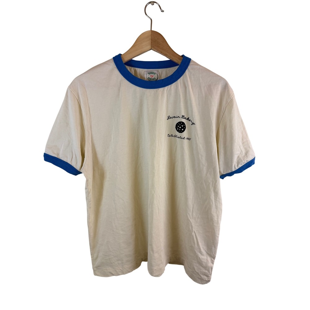Dinner Service NY Levain Bakery Ringer T-Shirt Unisex Medium Cream Blue Graphic